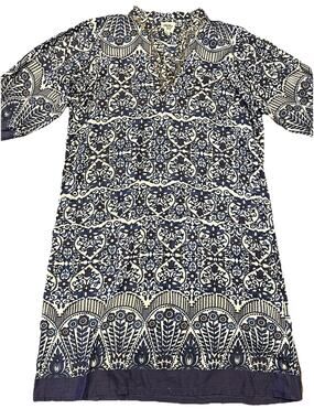 Ivy Jane Blue White Boho Floral Tunic Dress Sz L Embellished Sequins Cotton